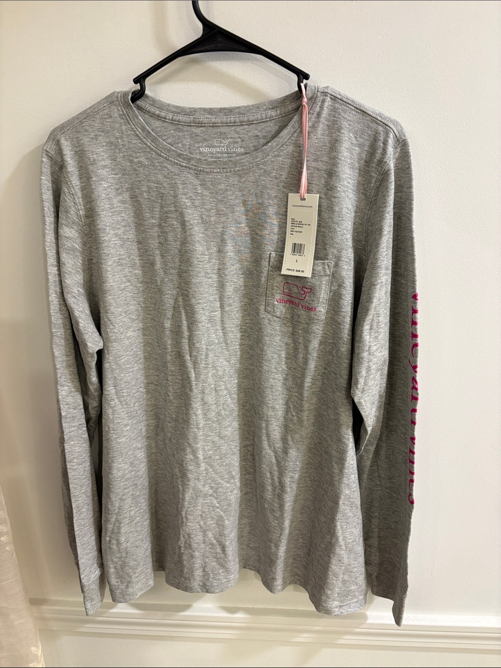 Vineyard Vines Heather Gray Long-Sleeve Tee with Pink Logo